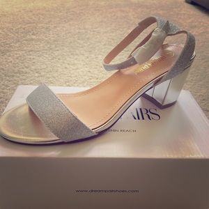 Silver Glitter Open Toe Heels with Ankle Strap